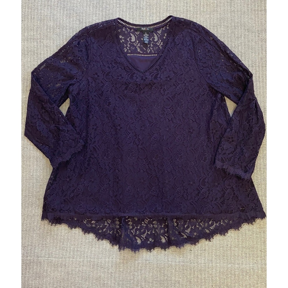 Style & Co Womens‎ Lace Tunic Top Size L Purple Long Sleeve V Neck Witchy Goth